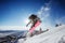 Snowboarder jumps on blue sky backdrop in mountains trick