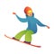 Snowboarder keeps his balance and rolls on snowboard in bright ski suit, goggles, and protective helmet. Active sport.