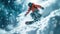 Snowboarder in orange red jacket moves at ski slope, man rides snowboard with splash of blue snow in winter. Concept of