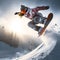 A snowboarder performs a trick while jumping over a snowy slope