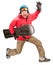 Snowboarder in red jacket with protective helmet and glasses jum