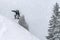 Snowboarder rides from powder snow hill. Mountain freeride snowboarding. Winter Carpathians