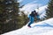 Snowboarder Riding Snowboard at Sunny Day. Fir Forest and Mountain Hill at Background. Snowboarding and Winter Sports