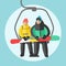 Snowboarder sitting in ski gondola and lift elevators. Winter sport resort background