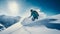 snowboarder slides down on the snowy mountain side on blue sky background. Generative AI