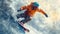 Snowboarder slides at ski slope spraying snow powder, man in orange jacket rides snowboard in winter. Concept of sport, splash,
