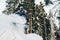 Snowboarder with snowboard is jumping very high in the mountain forest