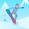 Snowboarder vector illustration. Man jumping on snowboard flat character. Snowboarder on mountain slope background.