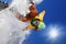 Snowboarders jumping against blue sky