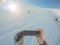 Snowboarding freeride winter, along man with board in mountains selfie with phone