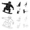 Snowboarding, sailing surfing, figure skating, kayaking. Olympic sports set collection icons in black,outline style