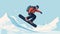 Snowboarding, snowboarder jumping in snowy mountains, background. Man with snowboard in flat style.