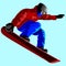 Snowboarding stylized vector simbol. Young man riding on Snowboard on blue background. Pixel art illustration