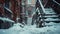 Snowbound Alleys, Close-Up of Fire Escape Stairs Laden with Snow, Old Brick Buildings in Soft Focus, Highlighting the