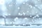 Snowbound window close-up, indoor. Seasonal winter weather conditions. Snowy winter background