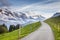 Snowcapped Bernese Swiss alps and mountain road in Murren, Switzerland