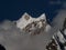 Snowcapped ice glacier summit peak panorama on Cordillera Huayhuash Circuit andes alpine mountain Ancash Huanuco Peru
