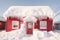 snowdrift covering a bright red door of a cozy house