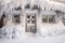 snowdrift covering entire front door of a cozy cabin