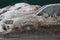 Snowdrop - a car abandoned on a muddy roadside in a snowdrift