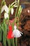 Snowdrops with red and white martenitsa. White snowdrop flowers and martisor. First march Baba Marta Day with spring flowers and