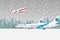 Snowfall in airport.Take off aircraft