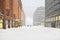 Snowfall and blizzard in Helsinki. Flagship Stockmann store in centre. It is largest department store in Nordic countries. Helsink