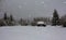 Snowfall over a wooden rural small building in a winter snow-covered forested landscape