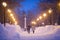During a snowfall, people walk along the snow-covered alley of the park