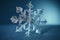 Snowflake closeup isolated on winter snow blue background. Copy space. Frozen water in crystal snowflake shape. Winter Christmas