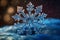 Snowflake closeup isolated on winter snow blue bokeh background. Copy space. Ice crystal. Frozen water in snowflake shape. Winter