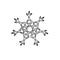 Snowflake coloring template icon in doodle sketch lines