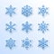 Snowflake flat icons set. Collection of cute geometric snowflakes, stylized snowfall. Design element for christmas or