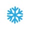 Snowflake icon. Blue silhouette snow flake sign, isolated on white background. Flat design. Symbol of winter, frozen