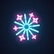 Snowflake neon icon. Luminescent sparkle - pattern decoration on sign. Festive glowing flash. Vector isolated