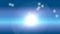 Snowflake particles on blue gradient background. Flying snow on winter background with cloudy frosty winter sun