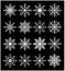 Snowflake silhouette icon, symbol, design set. Winter, christmas vector illustration on black background.