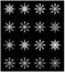 Snowflake silhouette icon, symbol, design set. Winter, christmas vector illustration on black background.