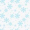 Snowflake simple seamless pattern. Blue snow on white background. Abstract wallpaper, wrapping decoration. Symbol of winter, Merry