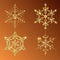 Snowflakes decoration Christmas and New Year`s symbols. Set 4 of golden snowflakes, different shapes. Winter objects. Festive elem