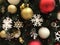Snowflakes golden christmas balls on the christmas tree object winter traditional background