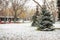 Snowing day on Prague. People walk on Park Letna while tram travel through the city, close to Hradcanska in Prague 6