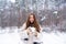 Snowing winter beauty fashion concept. Women in winter clothes. Outdoor close up portrait of young beautiful girl with