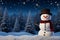 Snowman amidst falling snow, nestled by tranquil pine tree scenery