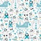 Snowman and baby penguin sledging and iceskating seamless vector pattern background. Blue white orange backdrop with