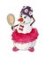 Snowman ballerina in pink ballet tutu and pointe shoes holds a mirror in her hand