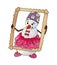 Snowman ballerina in pink ballet tutu and pointe shoes holds a picture frame