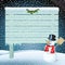 Snowman and blank wooden sign