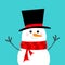 Snowman, carrot nose, black hat, red scarf. Merry Christmas. Cute cartoon funny kawaii character. Blue winter background. Happy