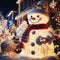 snowman and christmas evening close up decorative snowman with lights and shiny outdoor Christmas decorations